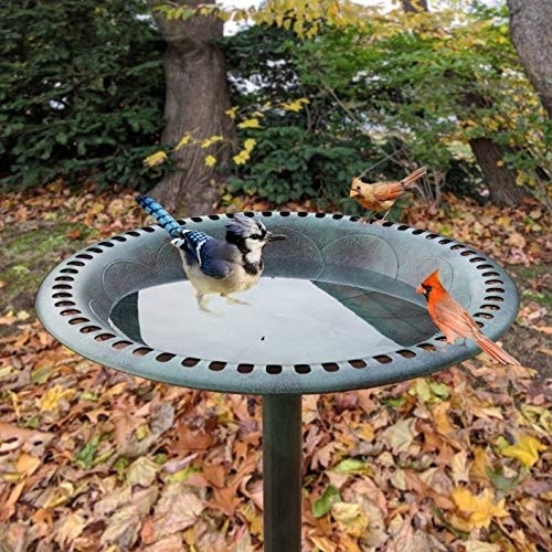 Outdoor Pedestal Bird Bath Stand with Steel Ground Anchors, Stylish & Elegant Faux Stone Designed Garden Ornament Made from Plastic, Lawn Patio Garden Sculpture Water Container