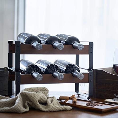 OUVINTE 2 Tier Stackable Wine Rack Rustic Freestanding Floor Wine Holder Table Wine Shelf Countertop Wine Stand Small Standing Bottle Storage Racks for Pantry, Bar, Cabinet