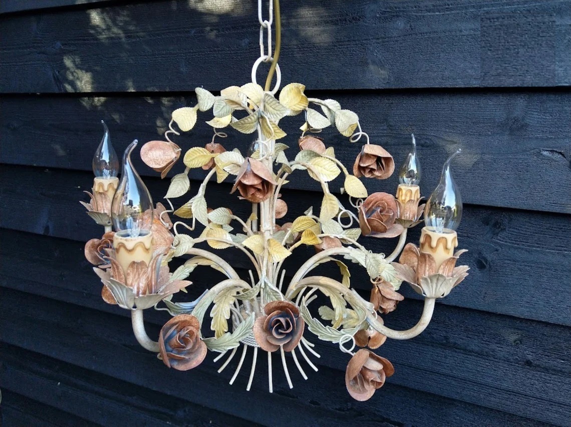 Pastel Vintage Tole Chandelier with Roses and Leaves