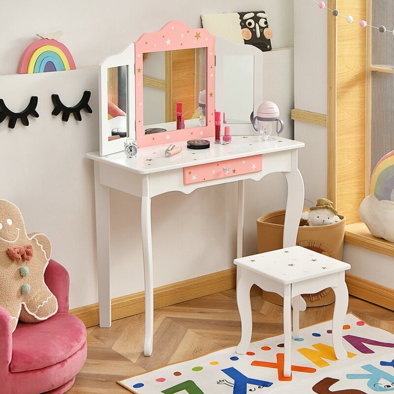 Pink and white dressing table for kids 