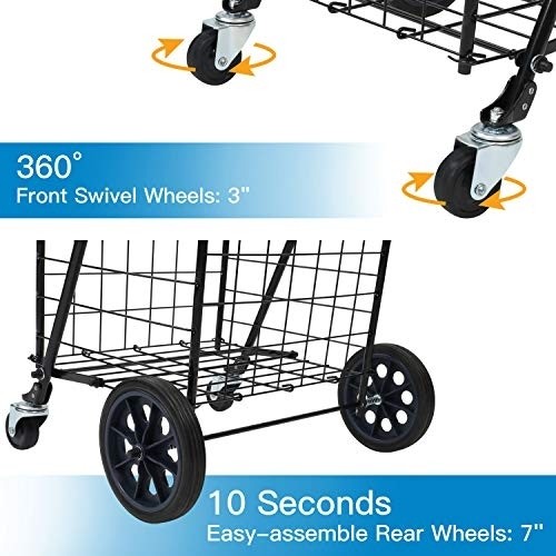 Pipishell Shopping Cart with Dual Swivel Wheels for Groceries - Compact Folding Portable Cart Saves Space - with Adjustable Handle Height - Lightweight Easy to Move Holds up to 70L/Max 66Ibs -PITUC1