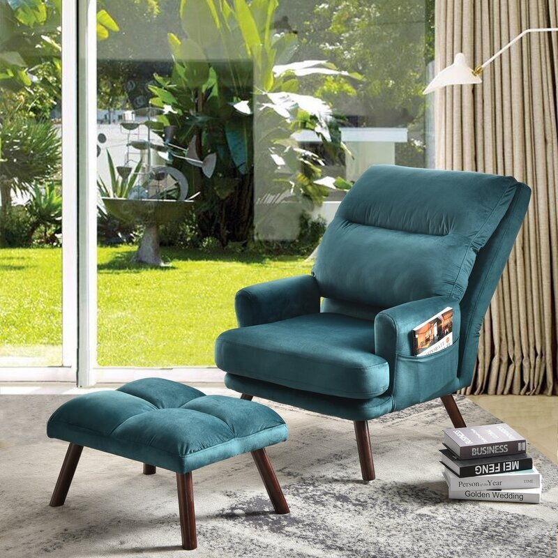 Plush Teal Reclining Chair With Ottoman