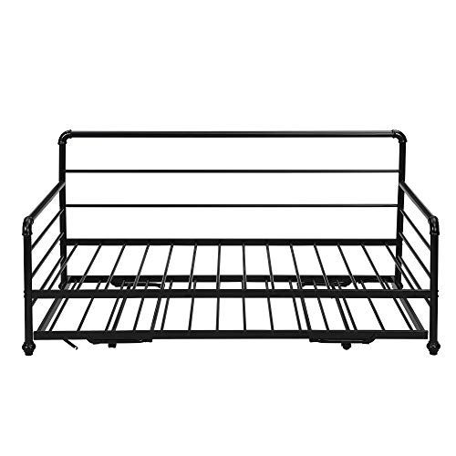 Polibi Twin Size Metal Daybed with Adjustable Trundle, Heavy-Duty Steel Daybed with Pop Up Trundle Bed (Black)