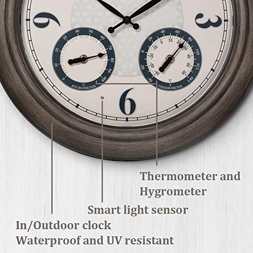 PresenTime & Co 18" Indoor / Outdoor Luminous Farmhouse Wall Clock with Thermometer & Hygrometer, Quartz Movement-Grey Oak Finish, Bright Warm Light