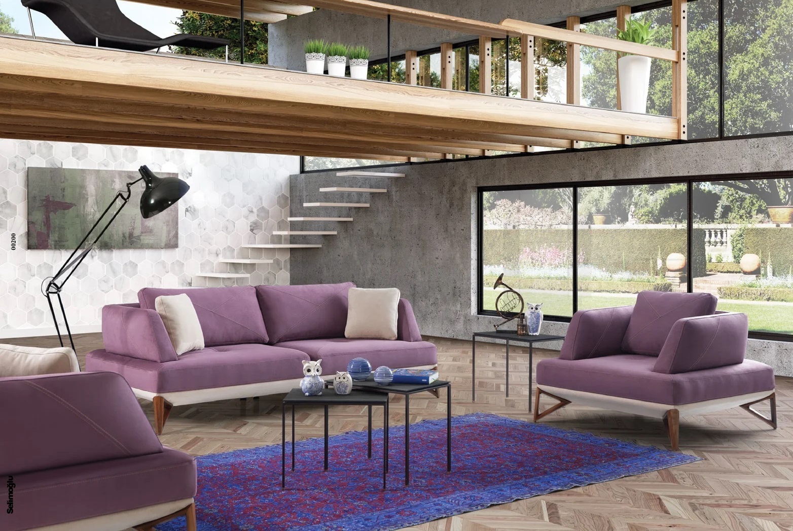 Purple couch and chairs with accents