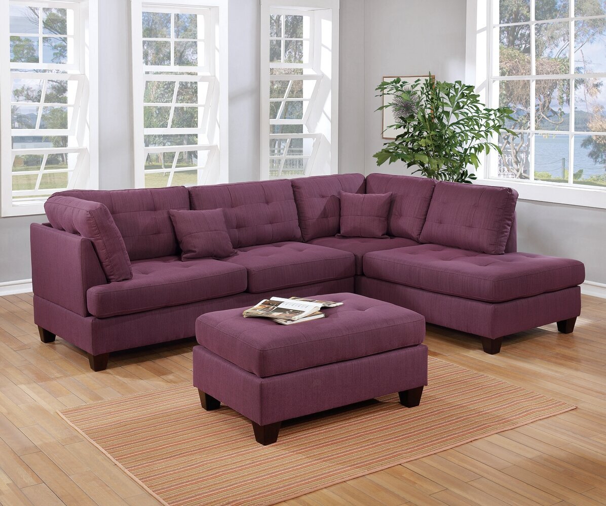 Purple couch living room set with ottoman