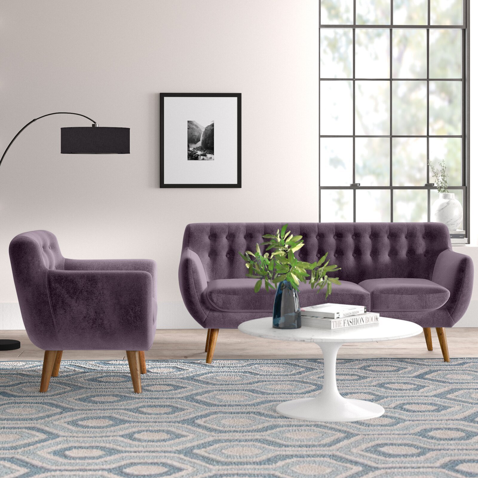 Purple living room set with a sofa and chair