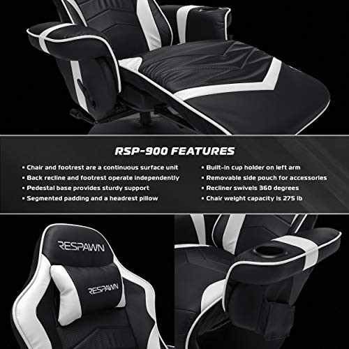 RESPAWN RSP-900 Racing Style, Reclining Gaming Chair, 35.04" - 51.18" D x 30.71" W x 37.01" - 44.88" H, White
