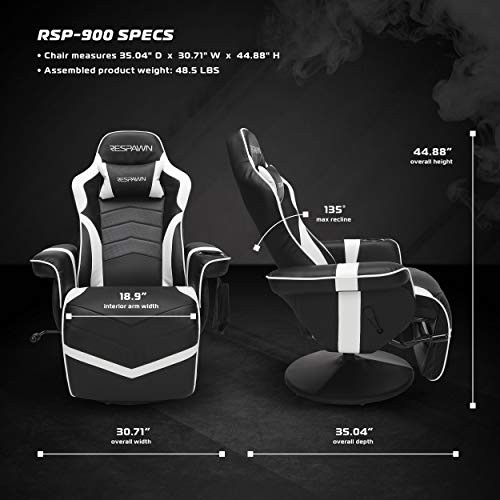 RESPAWN RSP-900 Racing Style, Reclining Gaming Chair, 35.04" - 51.18" D x 30.71" W x 37.01" - 44.88" H, White