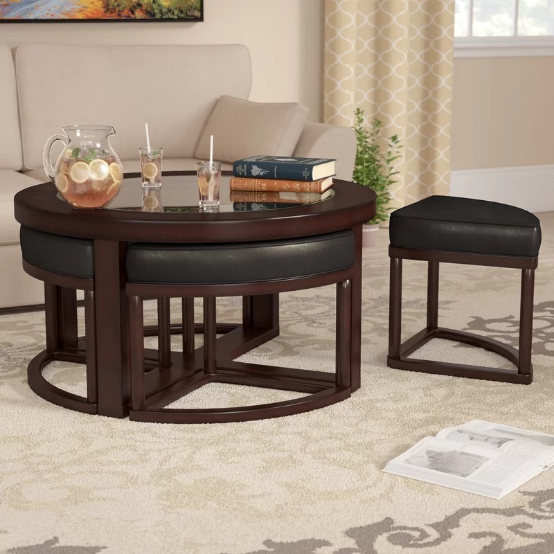Rich Wood Coffee Table with Stools