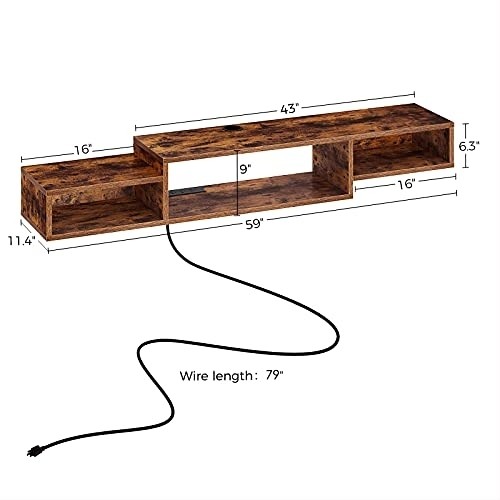 Rolanstar Wall Mounted Media Console with Power Outlet 59", Rustic Floating TV Stand Component Shelf, Entertainment Storage Shelf for Living Room, Rustic Brown