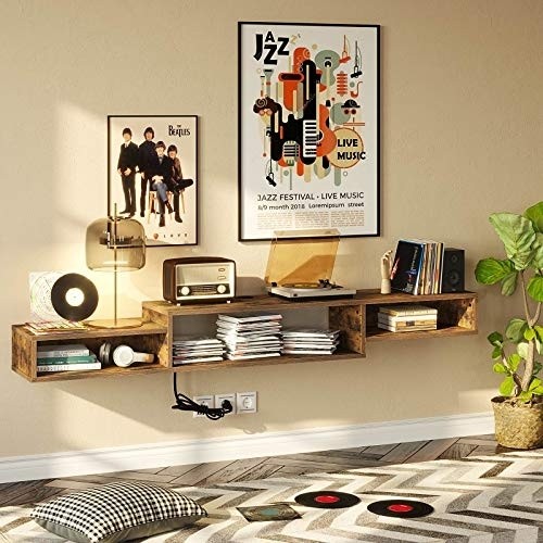 Rolanstar Wall Mounted Media Console with Power Outlet 59", Rustic Floating TV Stand Component Shelf, Entertainment Storage Shelf for Living Room, Rustic Brown