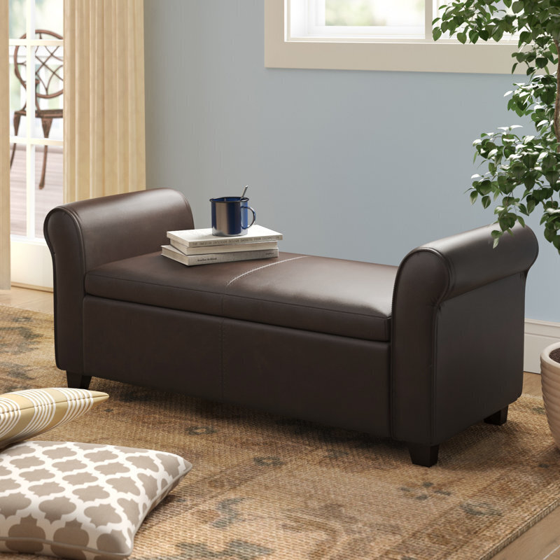 Rolled Arm Leather Bench with Storage