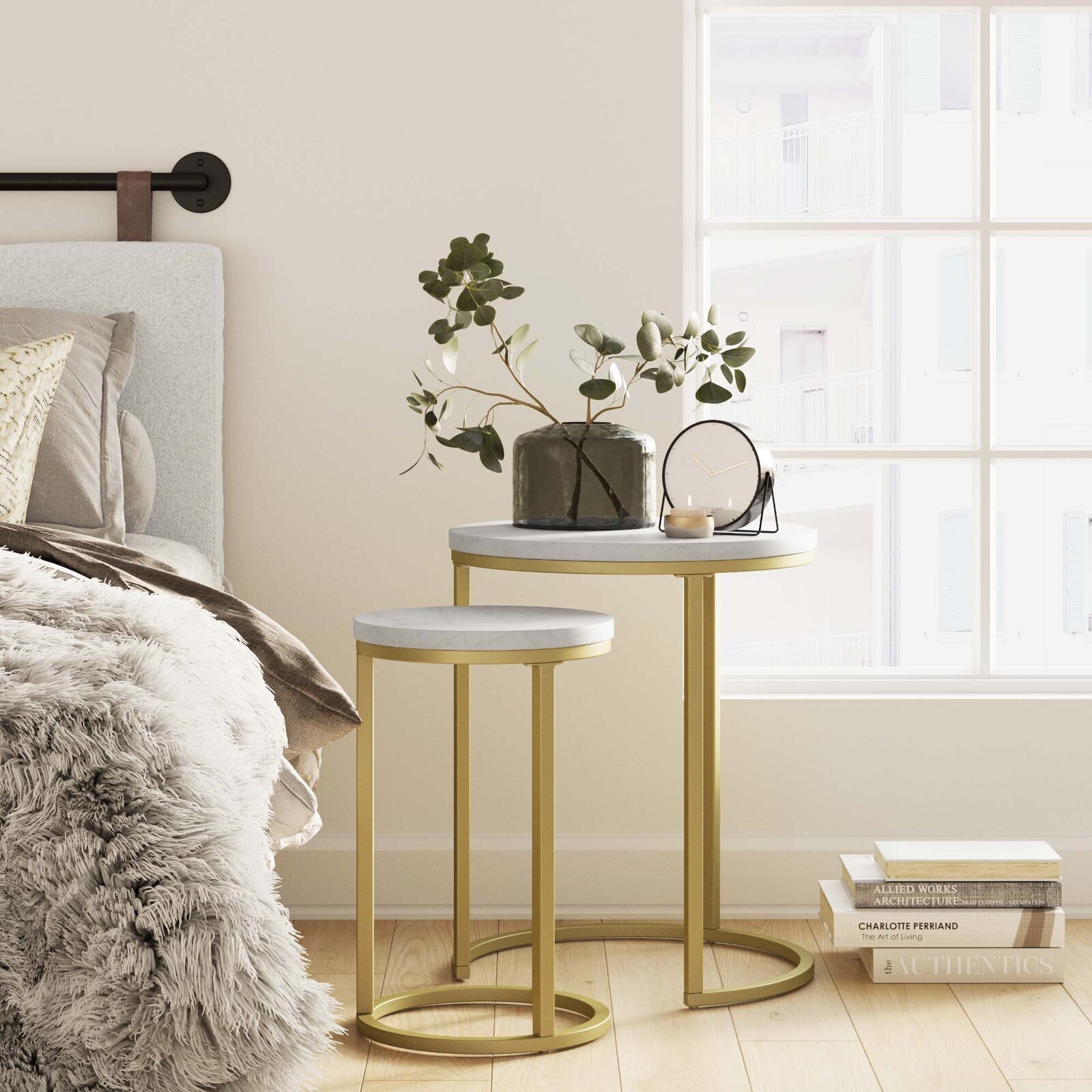 Round Based Gold Pedastal White Marble Top Nesting Tables