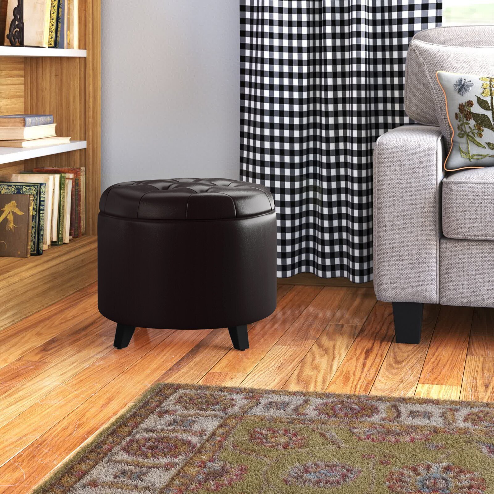 Round Faux Tufted Leather Ottoman with Storage