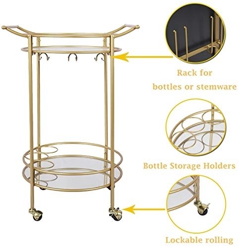 Round Gold Rolling Bar Cart with 2 Mirror Shelves, Wine Rack and Lockable Casters, Suitable for Home Kitchen, Club, Living Room, Thanksgiving, Christmas, New Year, 22"X18"X33"