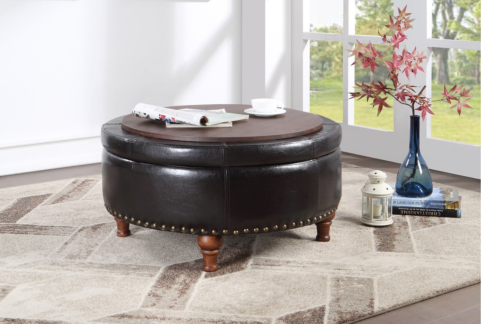 Round Leather Storage Ottoman Coffee Table With Dual Top