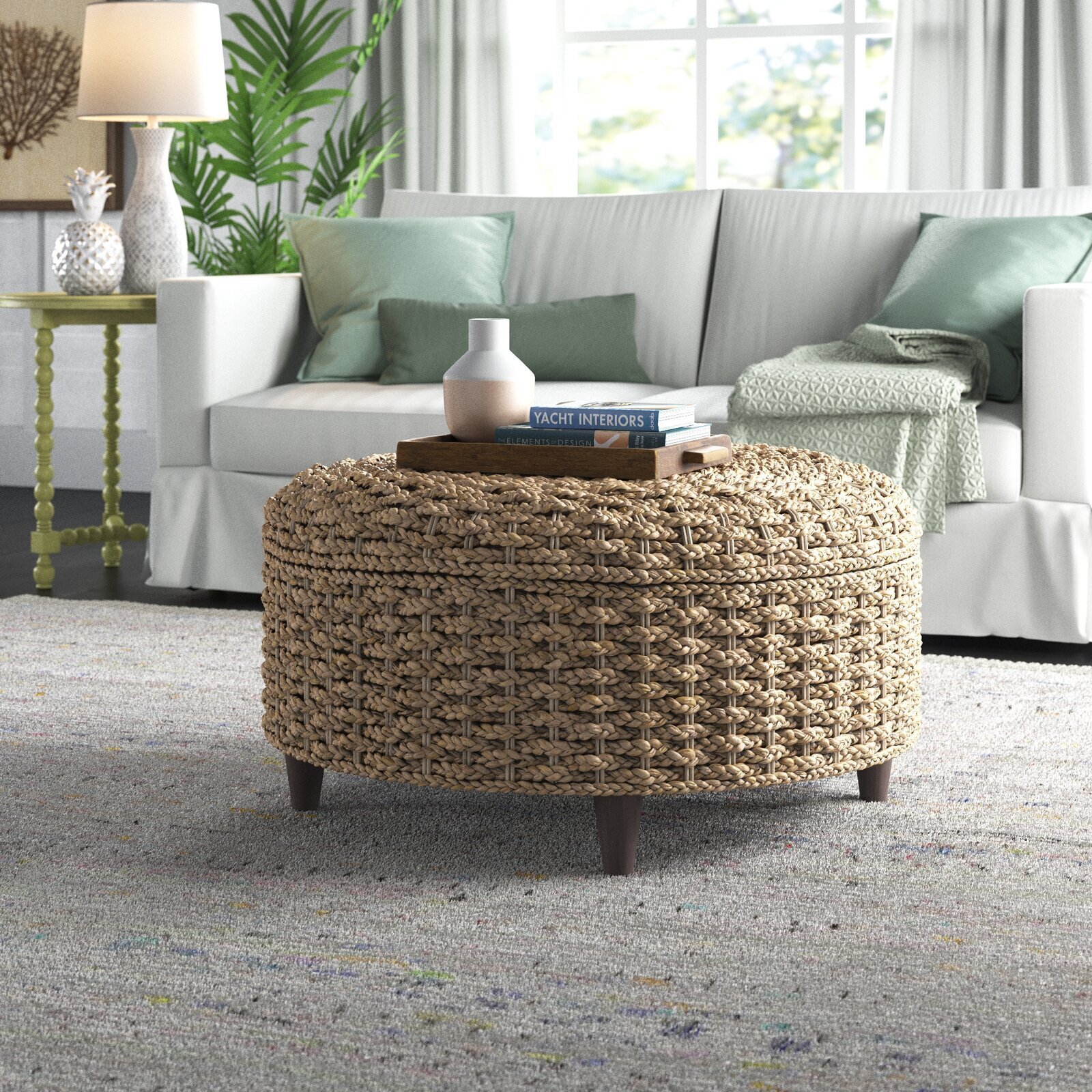 Round Storage Ottoman Coffee Table Made of Water Hyacinth