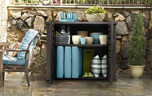 Rubbermaid Extra Large Decorative Patio Storage Cabinet, Weather Resistant, 123 Gal., Dark Teakwood, for Garden/Backyard/Home/Pool