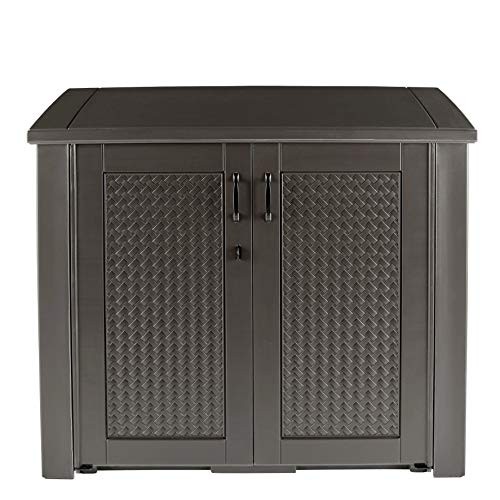 Rubbermaid Extra Large Decorative Patio Storage Cabinet, Weather Resistant, 123 Gal., Dark Teakwood, for Garden/Backyard/Home/Pool