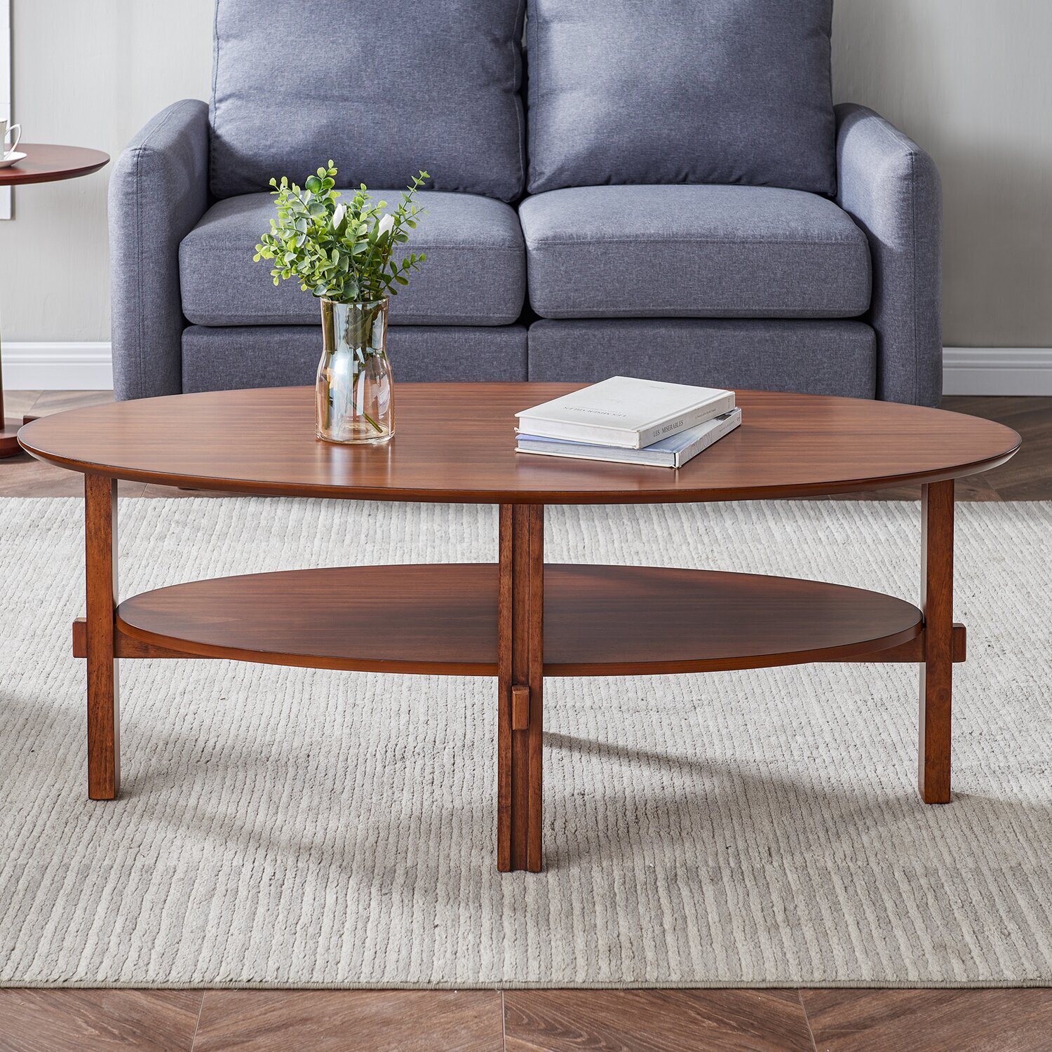 Rubberwood oval coffee table with storage