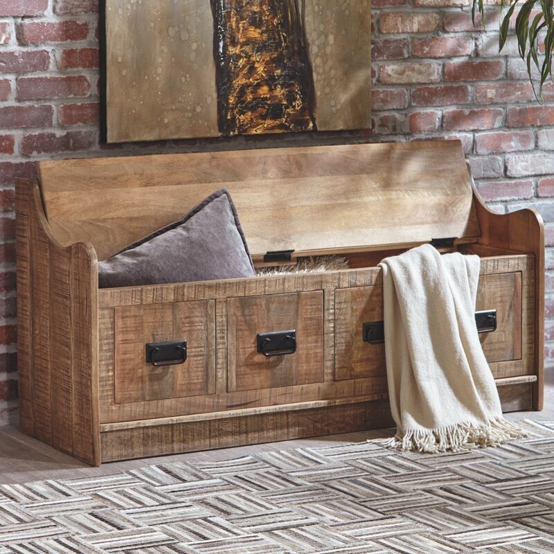 Rustic Farmhouse Carved Bench Seat With Storage