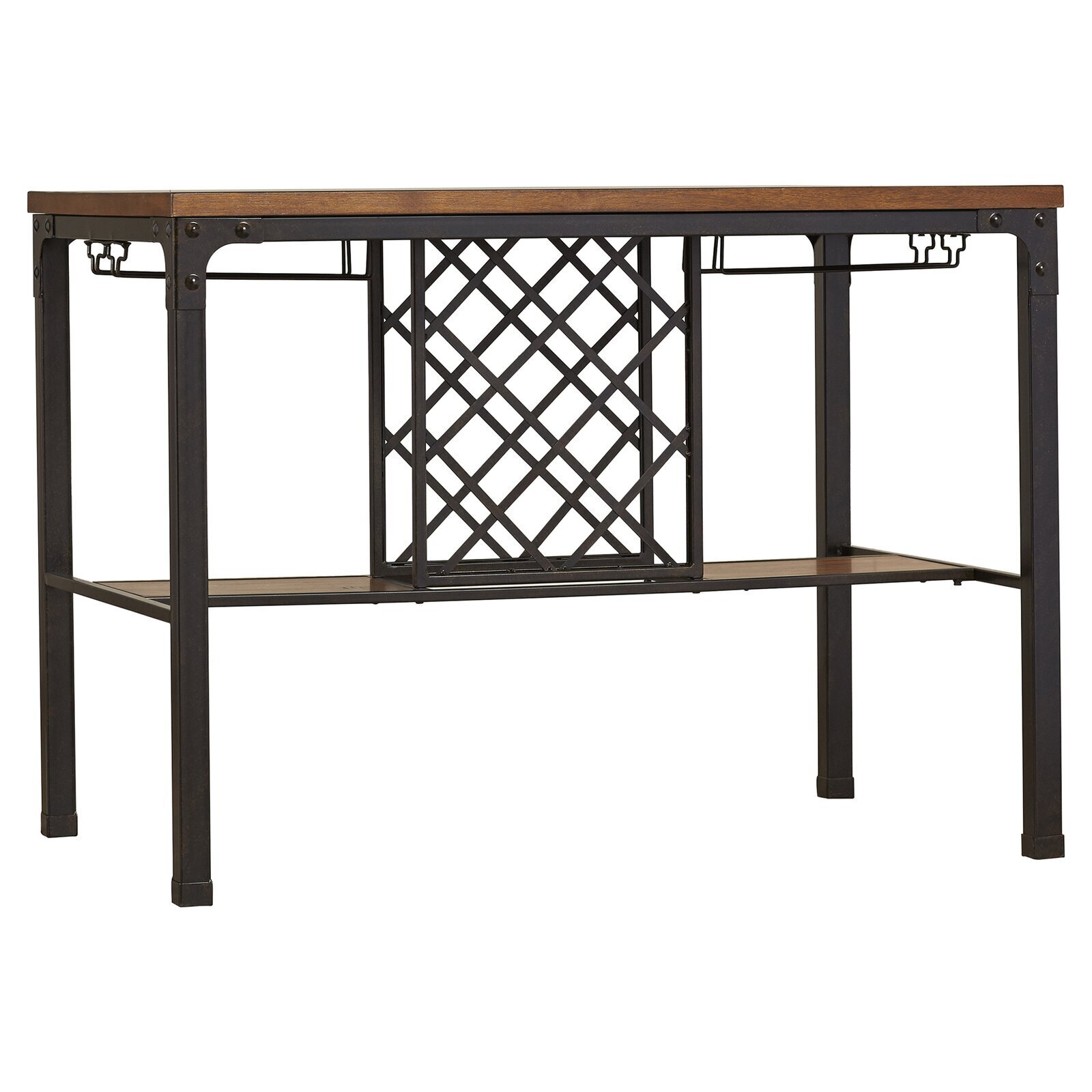 Rustic industrial dining room table with wine storage