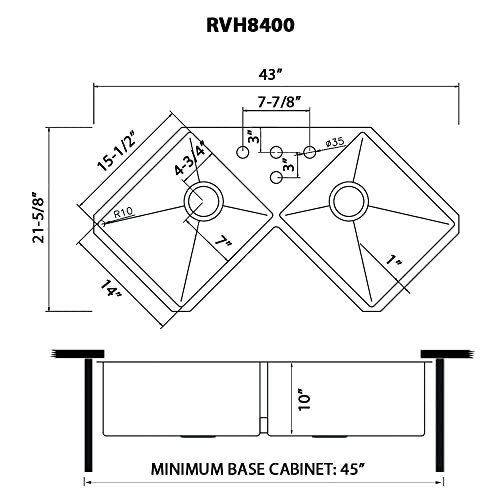 Ruvati RVH8400 Undermount Corner Kitchen Sink 16 Gauge 44" Double Bowl, Stainless Steel