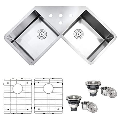 Ruvati RVH8400 Undermount Corner Kitchen Sink 16 Gauge 44" Double Bowl, Stainless Steel