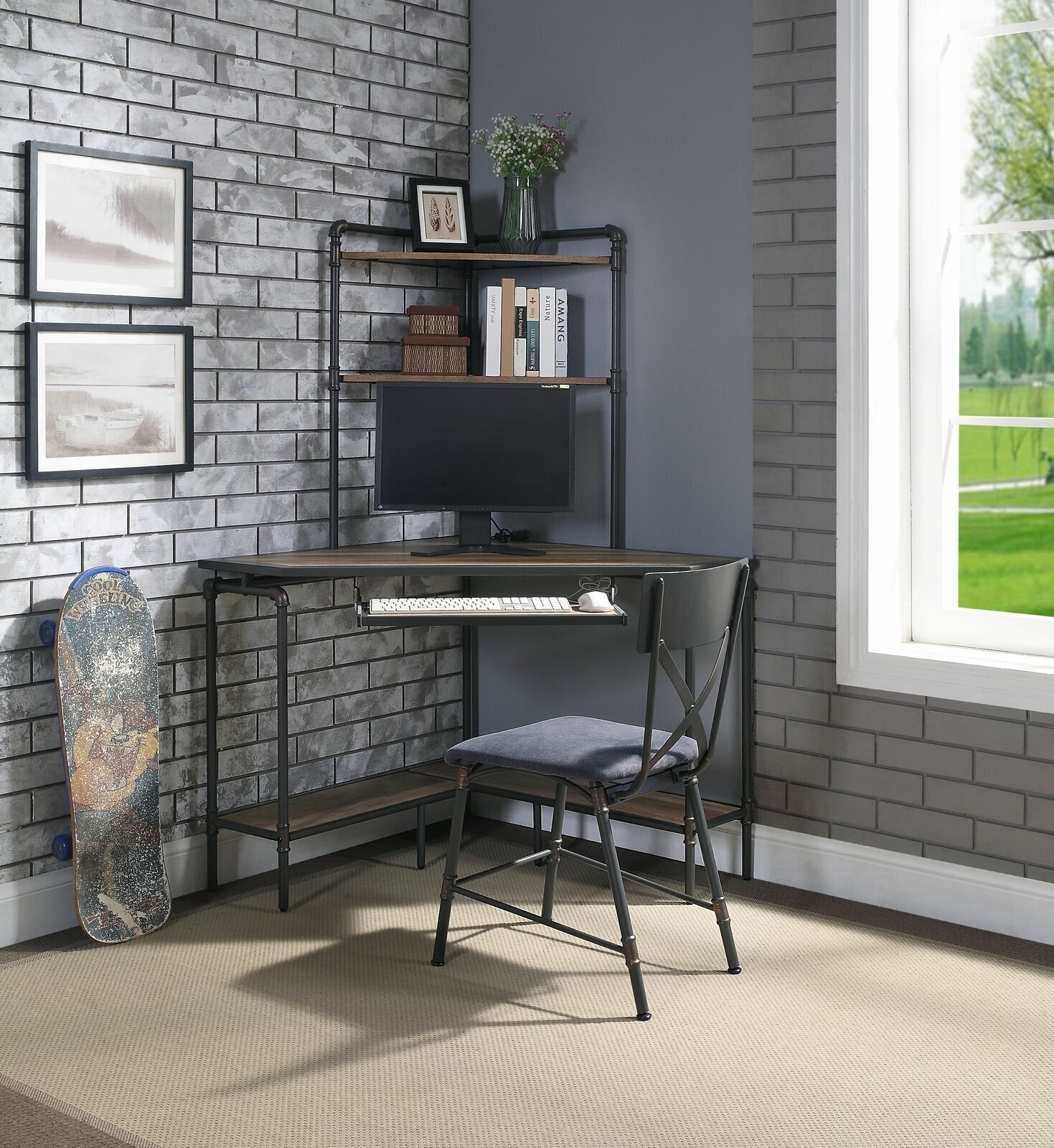 Sandy Gray Industrial Framed Corner Desk With Hutch 
