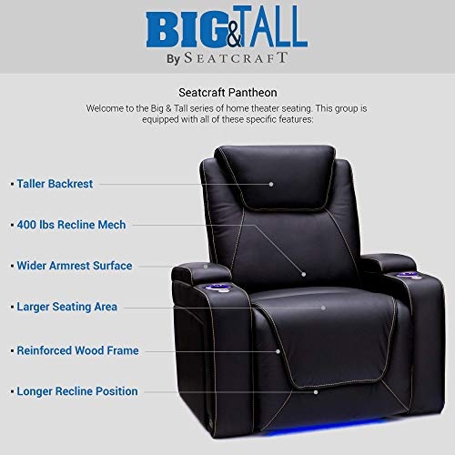 Seatcraft Pantheon - Big & Tall - Home Theater Seating - 400 lbs Capacity - Top Grain Leather - Power Recline - Powered Headrest and Lumbar - Cupholders - Arm Storage, Row of 3, Black