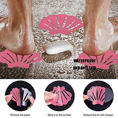 Secopad Non-Slip Bathtub Stickers, 24 PCS Shell Safety Bathroom Tubs Showers Treads Adhesive Decals Scraper (Pink)