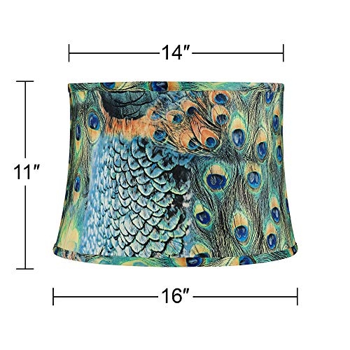 Set of 2 Peacock Print Medium Drum Lamp Shades 14" Top x 16" Bottom x 11" High (Spider) Replacement with Harp - Springcrest