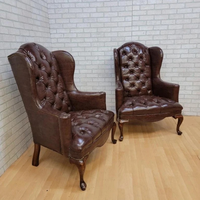 Set of leather queen Anne armchairs