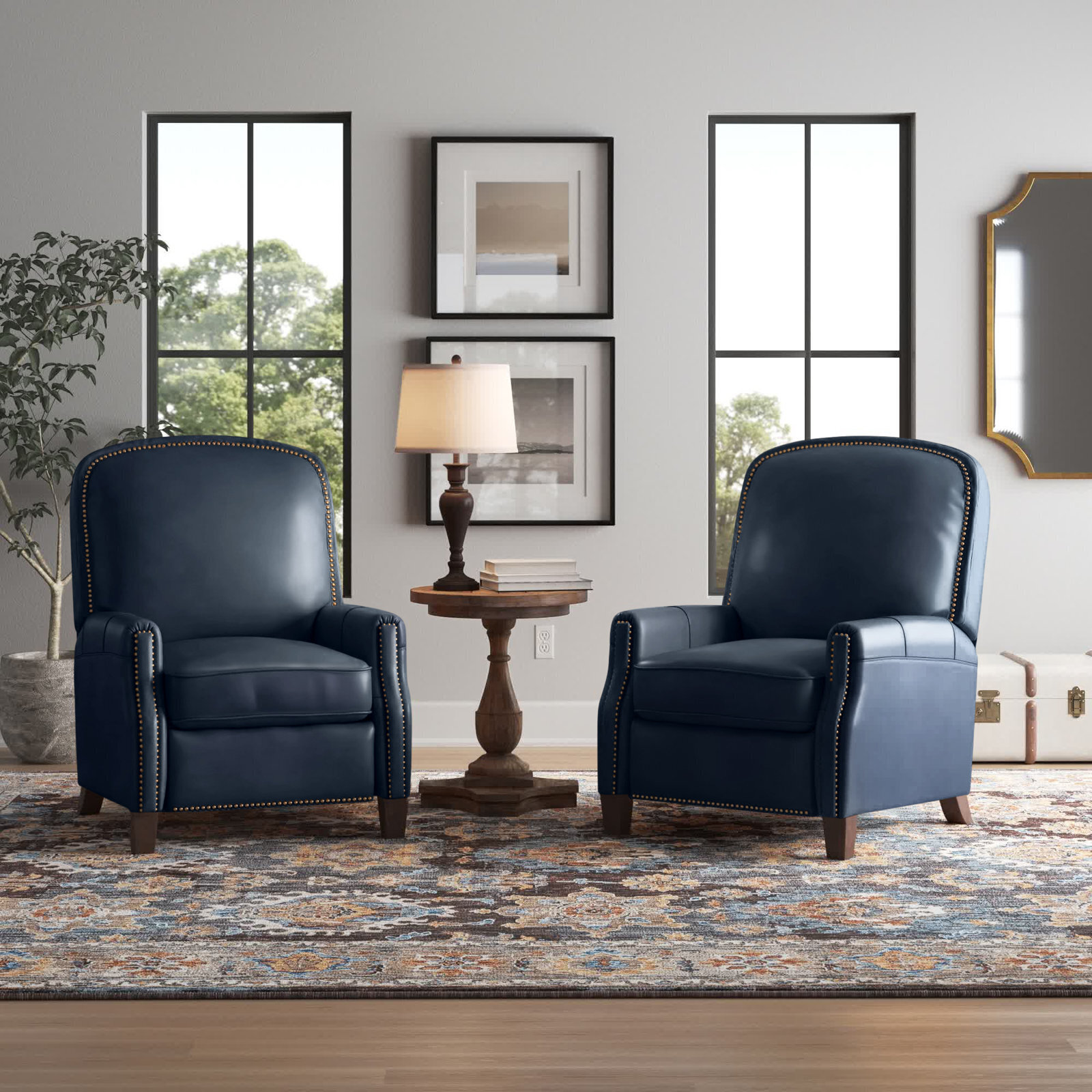 Set of two dark blue leather recliners