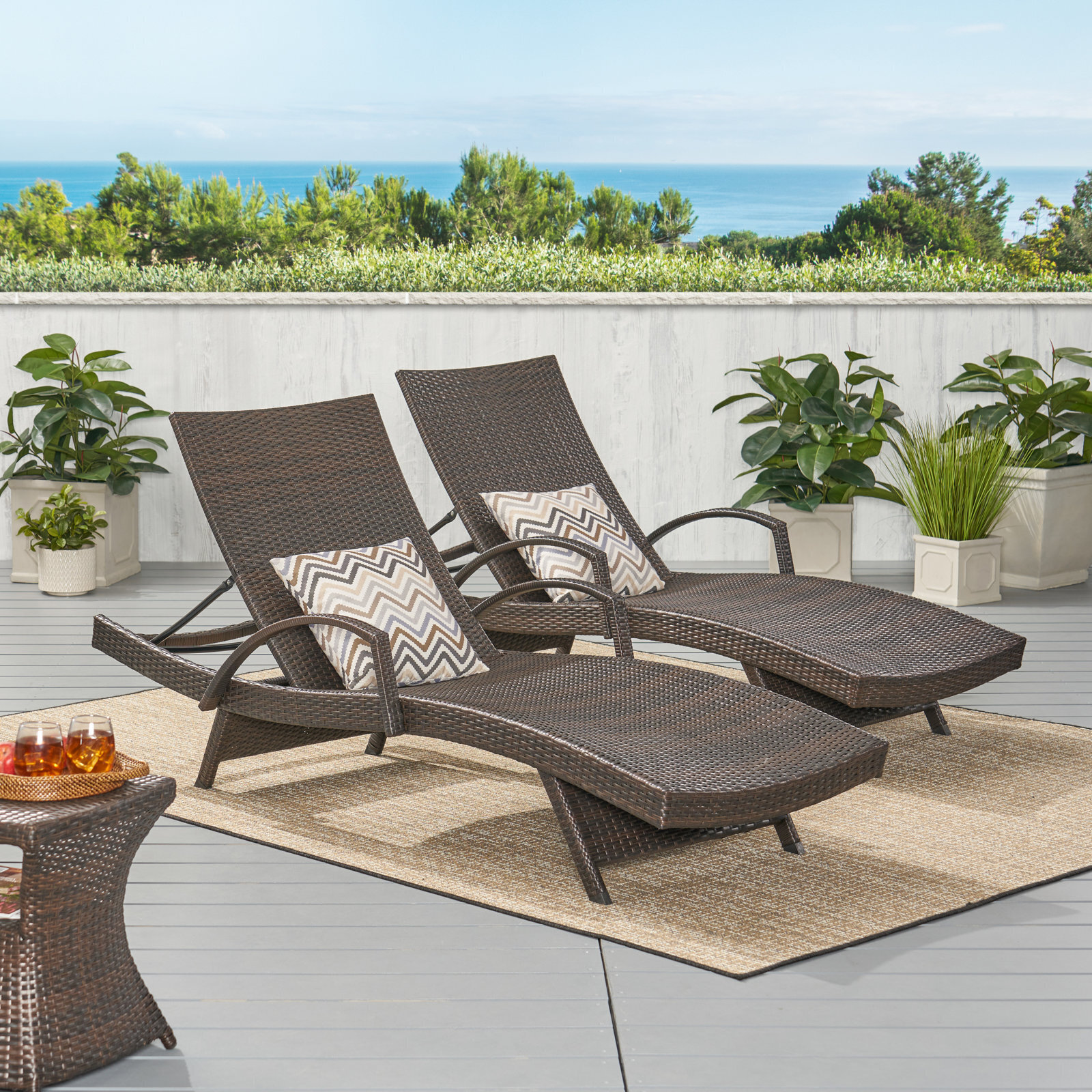 Set of 2 Olivia Outdoor Brown Wicker Armed Chaise Lounge Chair 