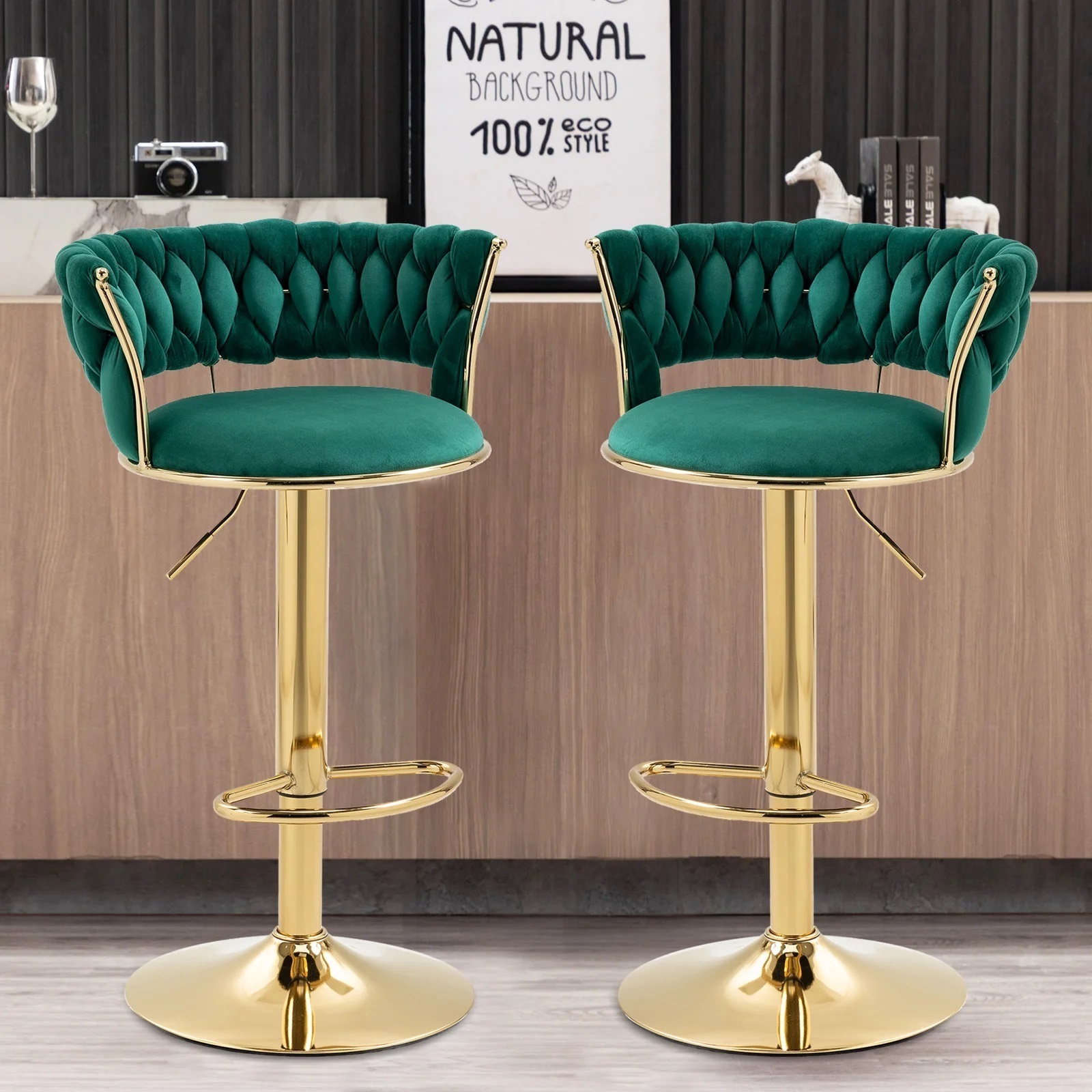 Set of Two Velvet Ergonomic Bar Stool Chairs