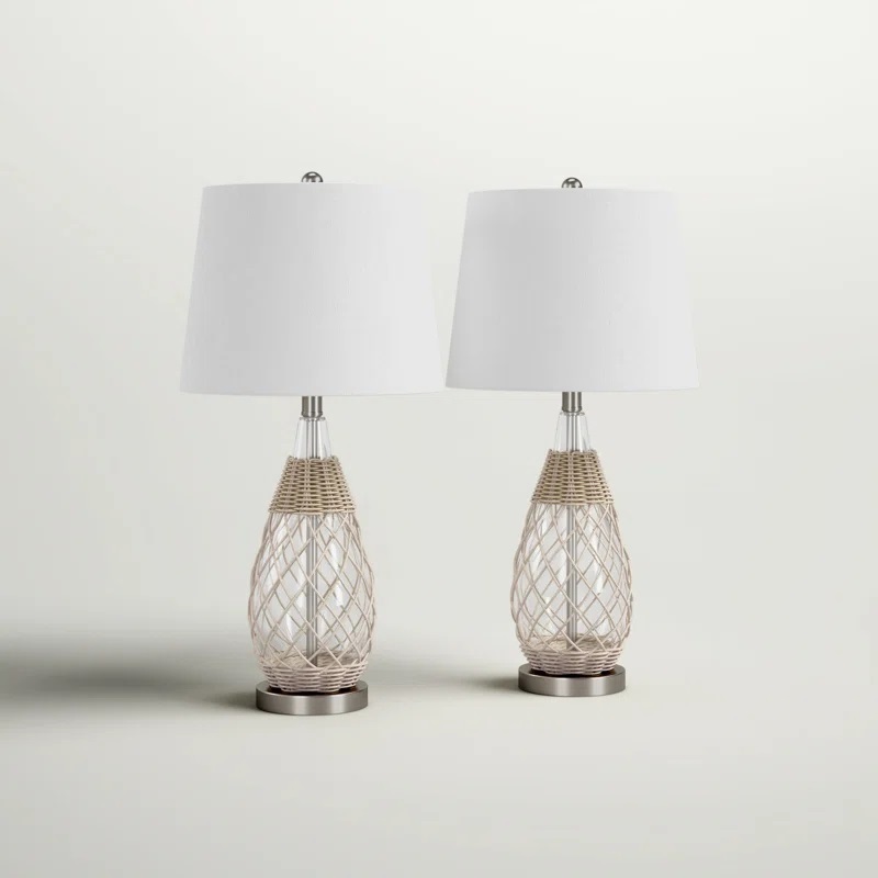 Set of Two Wicker Lamps with Glass