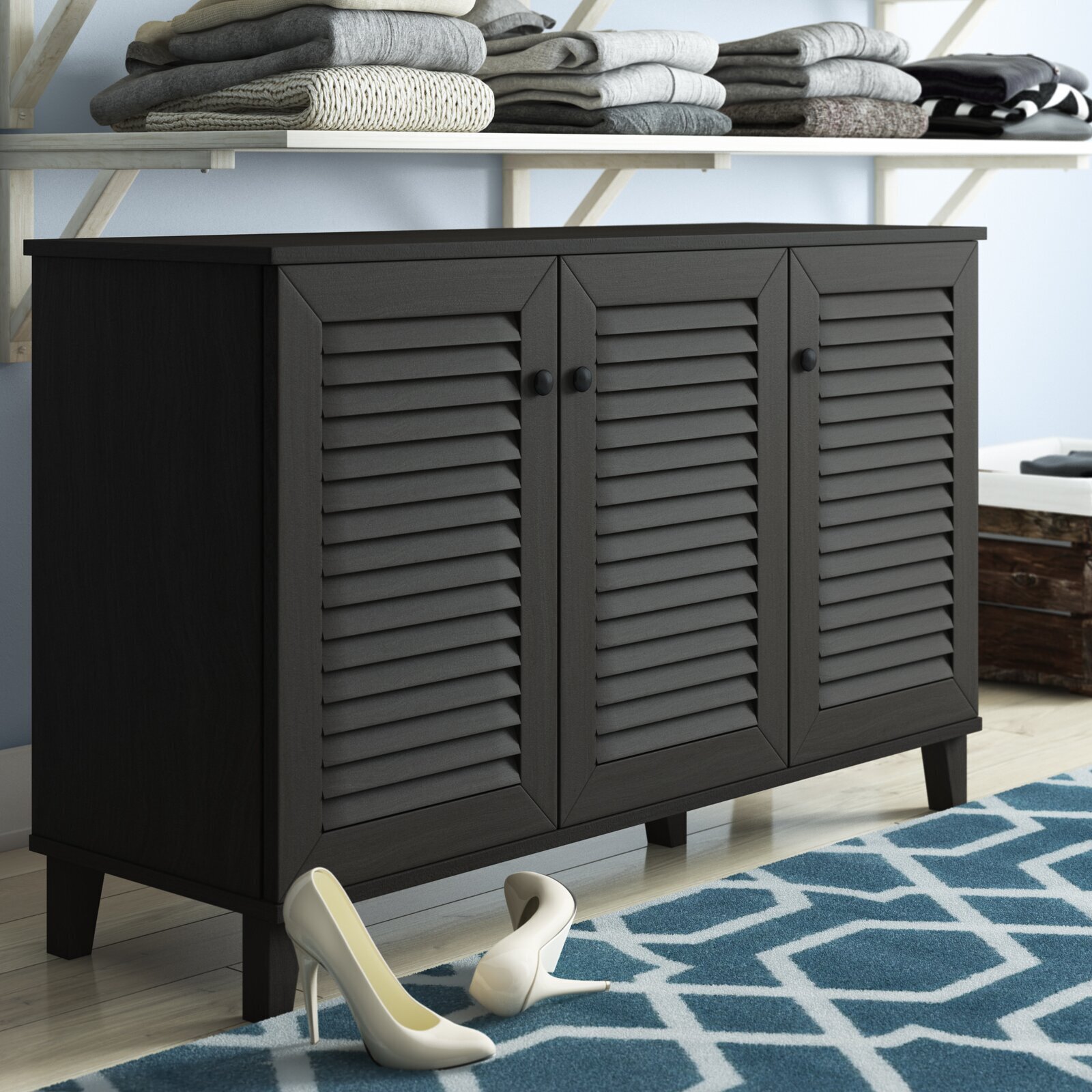 Shoe rack with doors and a top surface