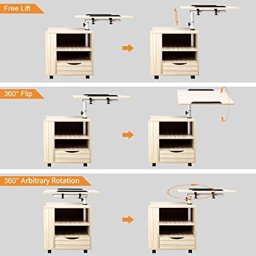 SIDUCAL Multifunctional Bedside Table Height Adjustable & Swiel Wooden Nightstand with Drawers, Rolling Laptop Desk Computer Table, Beige (Right Side) …