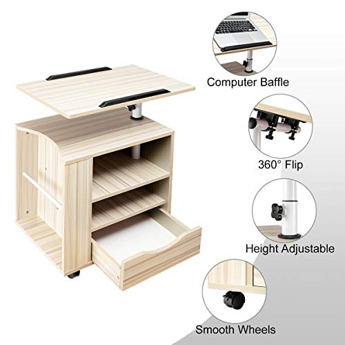 SIDUCAL Multifunctional Bedside Table Height Adjustable & Swiel Wooden Nightstand with Drawers, Rolling Laptop Desk Computer Table, Beige (Right Side) …
