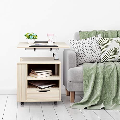 SIDUCAL Multifunctional Bedside Table Height Adjustable & Swiel Wooden Nightstand with Drawers, Rolling Laptop Desk Computer Table, Beige (Right Side) …