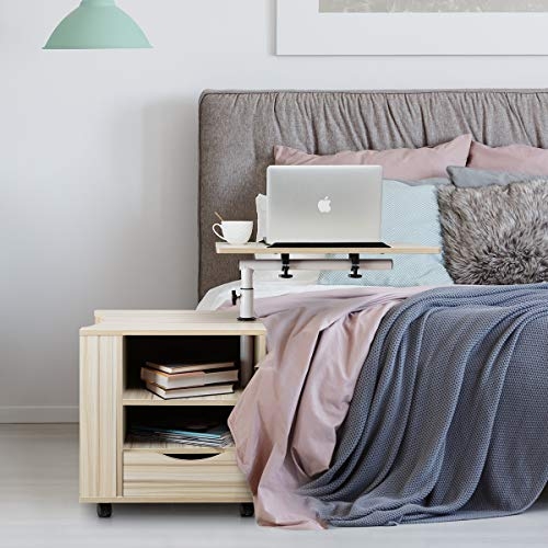 SIDUCAL Multifunctional Bedside Table Height Adjustable & Swiel Wooden Nightstand with Drawers, Rolling Laptop Desk Computer Table, Beige (Right Side) …
