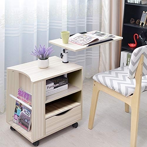 SIDUCAL Multifunctional Bedside Table Height Adjustable & Swiel Wooden Nightstand with Drawers, Rolling Laptop Desk Computer Table, Beige (Right Side) …