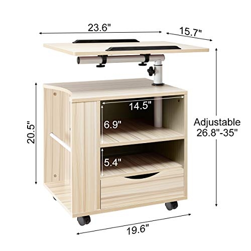 SIDUCAL Multifunctional Bedside Table Height Adjustable & Swiel Wooden Nightstand with Drawers, Rolling Laptop Desk Computer Table, Beige (Right Side) …