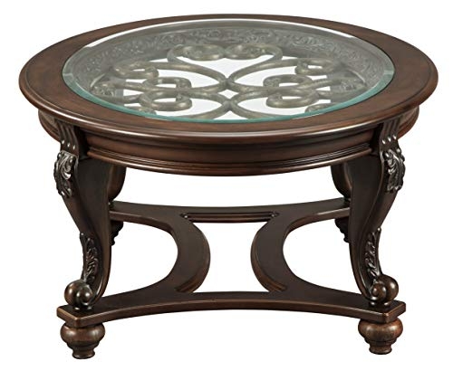 Signature Design by Ashley Norcastle Vintage Oval Coffee Table with Beveled Glass Top & Scrollwork Legs, Dark Brown