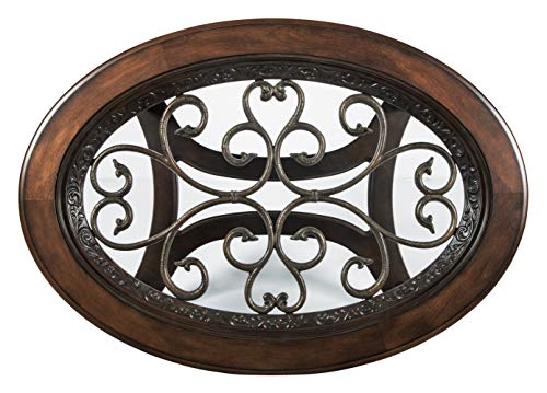 Signature Design by Ashley Norcastle Vintage Oval Coffee Table with Beveled Glass Top & Scrollwork Legs, Dark Brown