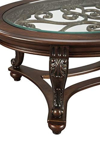 Signature Design by Ashley Norcastle Vintage Oval Coffee Table with Beveled Glass Top & Scrollwork Legs, Dark Brown