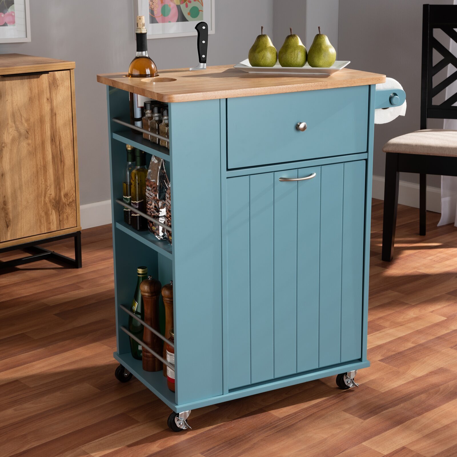 Sky Blue Kitchen Island With Trash Cabinet