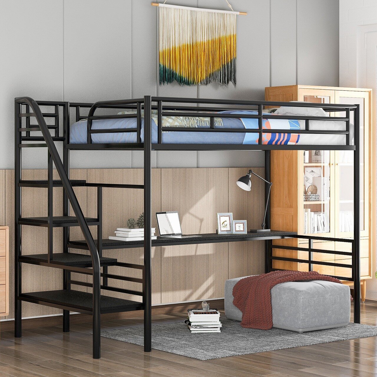 Sleek, All Metal Loft Bed With Desk And Stairs